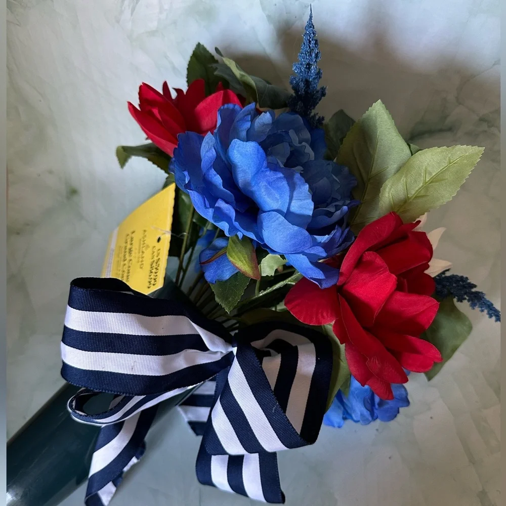 NWT Large Blue & White Artificial Floral Big Cone Arrangement with Striped Bow